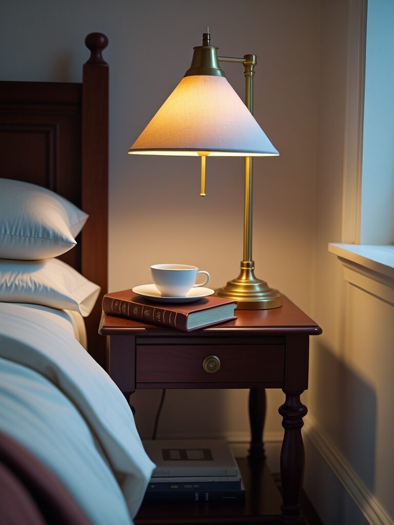 A quiet bedside table at pre-dawn — closed Bible with a gilt cross, brass reading lamp, half-finished cup of tea — the 3am moment after a hard night