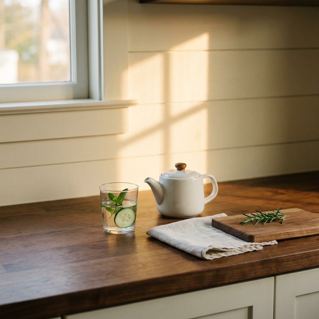A quiet kitchen counter at golden-hour: a glass of water with cucumber and mint, a white teapot, a folded linen napkin, a sprig of rosemary, the soft window-light on a shiplap wall. No bottle, no wine.