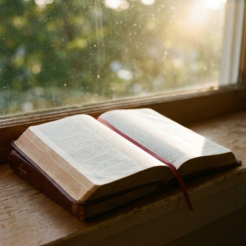 An open leather-bound Bible on a wooden windowsill, golden afternoon sunlight pouring across the open pages