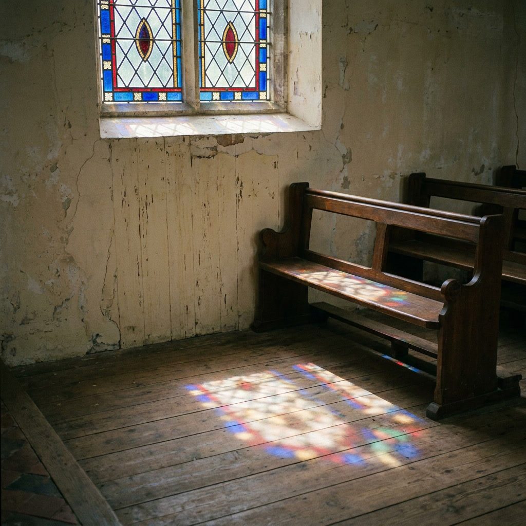 Jewel-toned light from a stained glass window pooling onto a wide-plank wooden floor and a single empty wooden pew