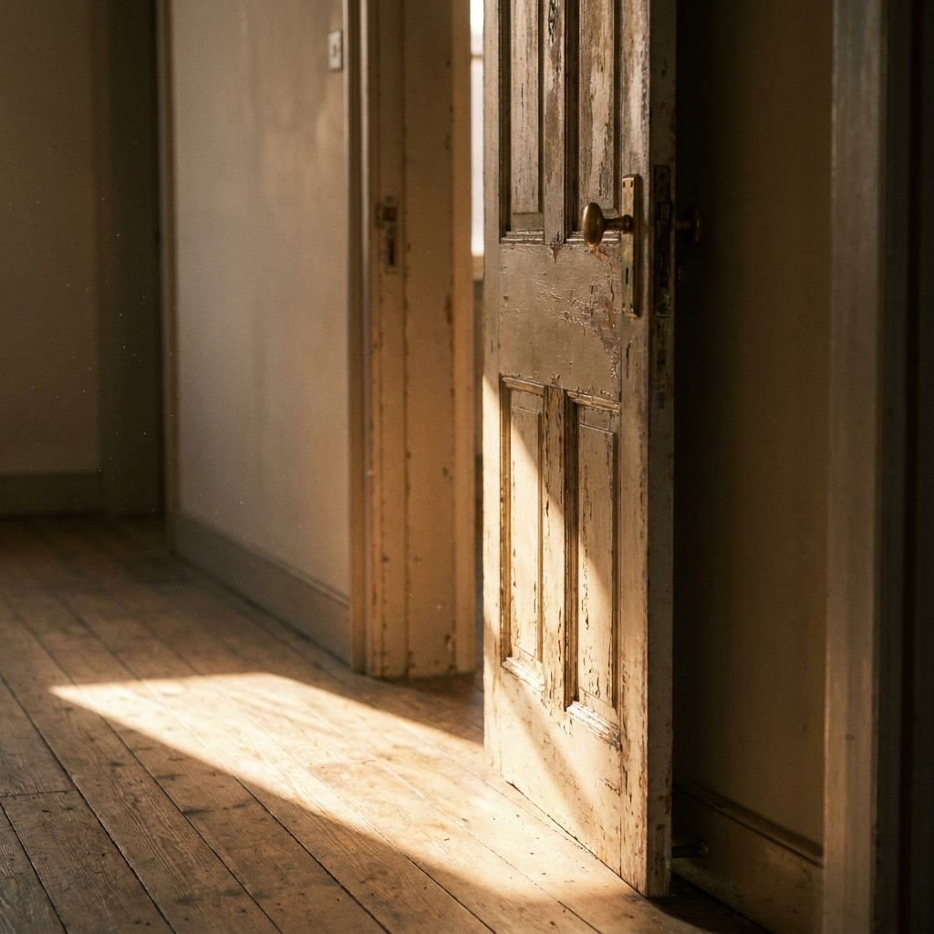 A half-open wooden door with warm morning light spilling through into a darker hallway
