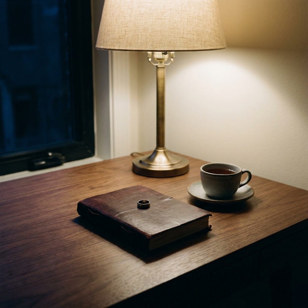 A quiet study in soft early-morning light: an open Bible turned face-down on a side table, a wedding photo half-visible on a shelf, a single lamp lit on a writing desk, a curtain just drawn open. The marriage is present in the still-life through the photograph; faith is present through the Bible on the side table. The 2am search-moment is past — the room is calm. No screens, no shadows, no laptop glow.
